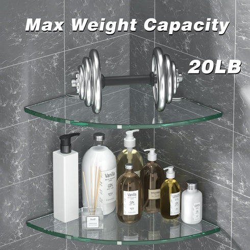 decorstat 2 Pack 8MM-Thick Corner Glass Shower Caddy Tempered Glass Shelf No Drilling Wall Mount Corner Mounted Shelves