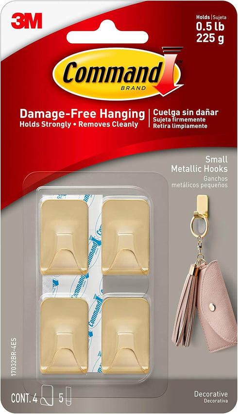 Command Small Metallic Hooks, Brass Color, 4 Hooks and 5 Command Strips, Damage-Free Wall Hooks, Holds up to 0.5 lb