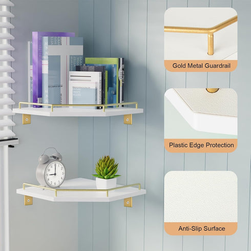 2-Tier 9.5-inch Tirzah White Wall Mount Corner Shelf with Gold Metal Guardrail, Diamond-Shaped Wood Corner Floating