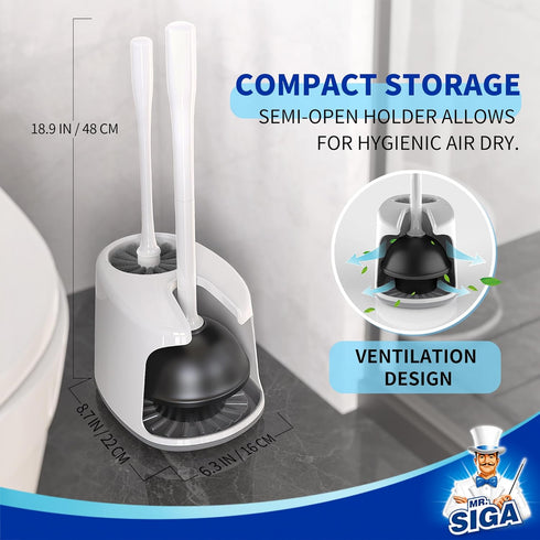 MR.SIGA Toilet Plunger and Bowl Brush Set, Heavy Duty Bathroom Cleaning Tools with Holder, White, 1 Set