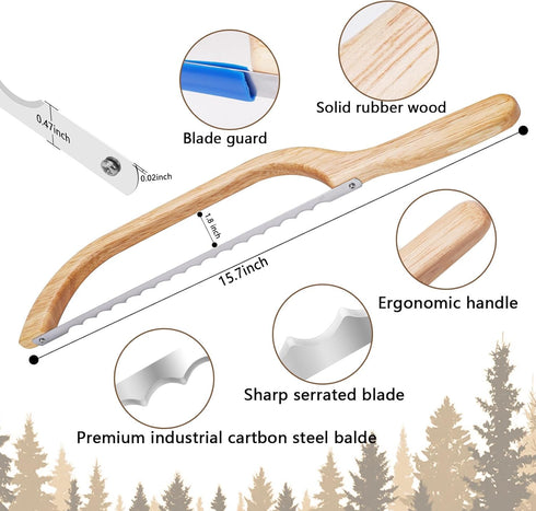 Wooden Bread Bow Knife, 15.7" Serrated Bagel Cutter for Homemade Bread, Kitchen Gift for Baker
