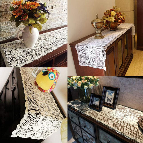 KEPSWET Sunflower Rectangle Handmade Crochet Lace Table Runner, 14x60 inch, Beige