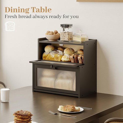 AUGOHCMIL Countertop, Bread Box for Kitchen Large Bamboo Bread Storage Container with Double Layer, Bread Holder