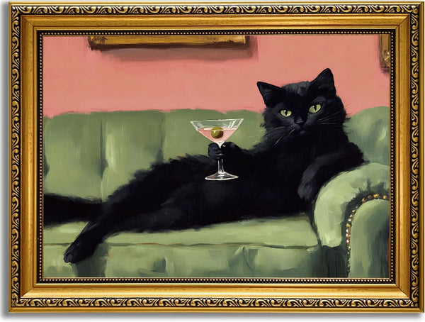 YD&YZY Gold Framed Funny Cat Wall Art Canvas Black Cat Martini Vintage Quirky