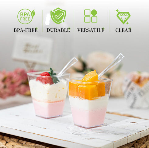 60Pack 5oz HOMIP Plastic Dessert Cups with Spoons (No Lids) Ideal for Yogurt Parfaits, Pudding, Fruit, Ice Cream