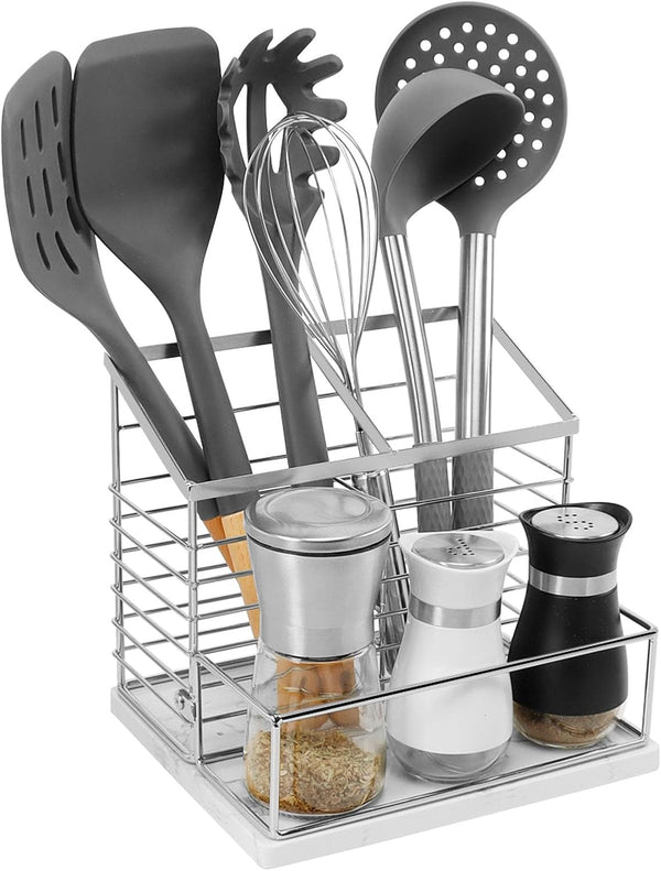 Utensil Holder for Kitchen Counter, Metal Rack with Salt and Pepper Shakers, Large Organizer