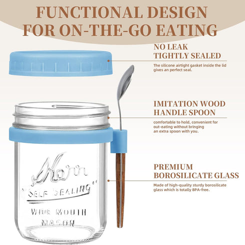 AsstarJTK 6 Pack 16 Oz Overnight Oats Containers with Lids and Spoons - Glass Mason Jars for Overnight Oats Airtight