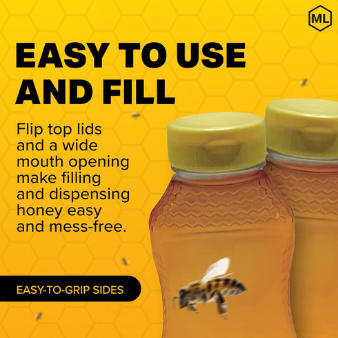 8 oz 24-Pack Mann Lake Refillable Hourglass Honey Jars | Plastic Containers with Yellow Flip-Top Lids | Empty Bottles