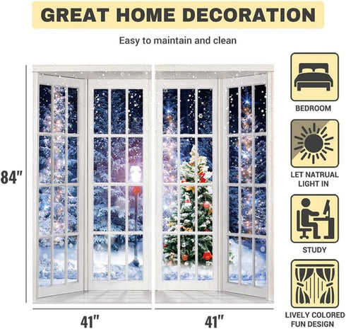 Winter Scenery Window Curtain 2 Panels, 82X84 Inch, Snowflake Christmas Tree Fabric Drapes for Bedroom Living Room