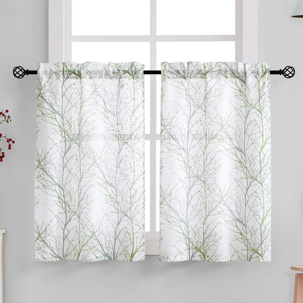 FMFUNCTEX Sage Green Kitchen Curtains, Semi Sheer Linen Tiers for Bathroom, Cafe, 24 Inch Length, 2 Panels