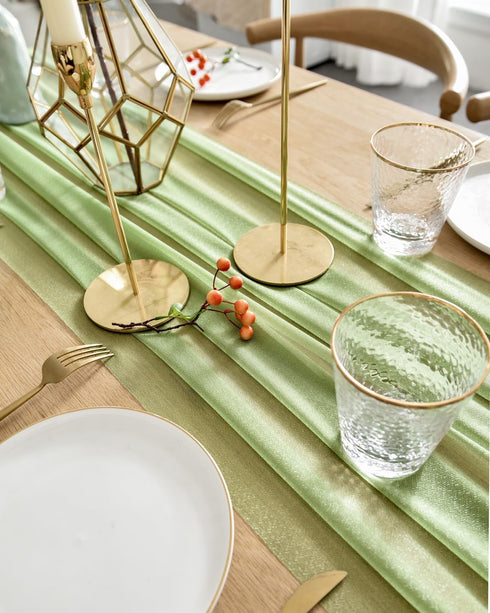BOXAN Elegant 30x120 Inch Sage Green Sheer Table Runner, 10Ft Chiffon Overlay for Party Decor