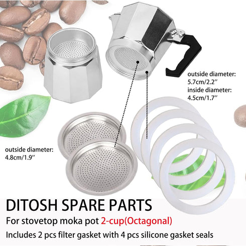 2 Cup Stovetop Espresso Coffee Maker Replacement Parts for Aluminium Moka Pot 2 Pcs Filter with 4 Pcs Silicone Gasket Seals