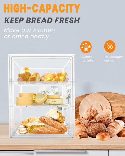 Countertop 4 Counter, Bread Box,Large Bread Boxs for Kitchen - Layers Adjustable Bread Storage Container, Clear Boxes