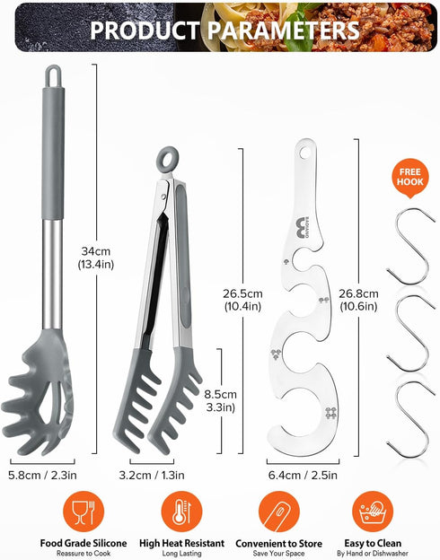 3 Pack Set Silicone Spaghetti Spoon & Pasta Tong With Pasta Measurer, of Non-Stick Stainless Steel Handle Pasta Fork