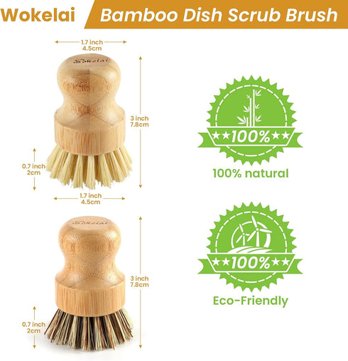 Bamboo Dish Scrub Brushes Set - Eco-Friendly Natural Cleaning Scrubbers for Dishwashing, Set of 2