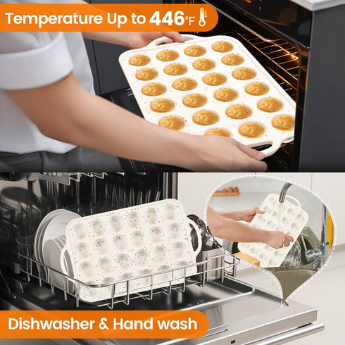 Muffin Pans with Metal Reinforced Frame, 24-Cups Durable Silicone Baking Pan, Beige with Rainbow Spots