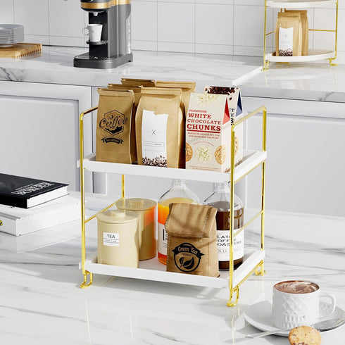FSyueyun 2-Tier Bathroom Counter Organizer, Tool-Free Installation Makeup Skincare Shelf, Gold Vanity Stand