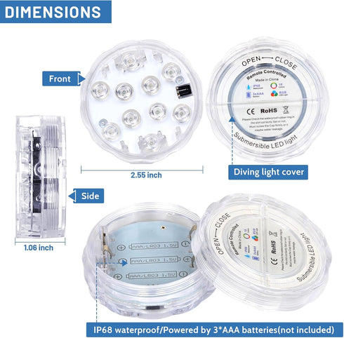 2-Pack YiaMia Hot Tub Lights - RGB Color Battery-Powered LED Pool Lights with Remote Control and Suction Cup for Ponds