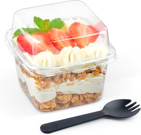 Zezzxu 8 oz Dessert Cups with Lids and Spoons, 50 Sets, Square