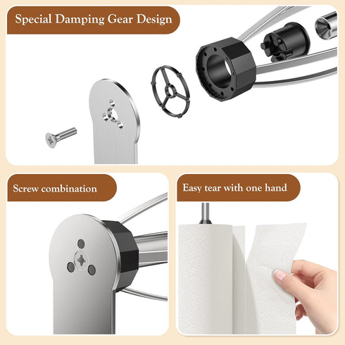 Paper Towel Holder Under Cabinet + Towel Robe Hooks, Single Hand Operable Under Cabinet Paper Towel Holder with Damping
