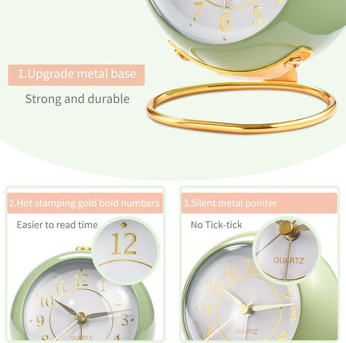 Tetino Analog Alarm Clocks,Retro Backlight Cute Simple Design Small Desk Clock with Night Light,Silent