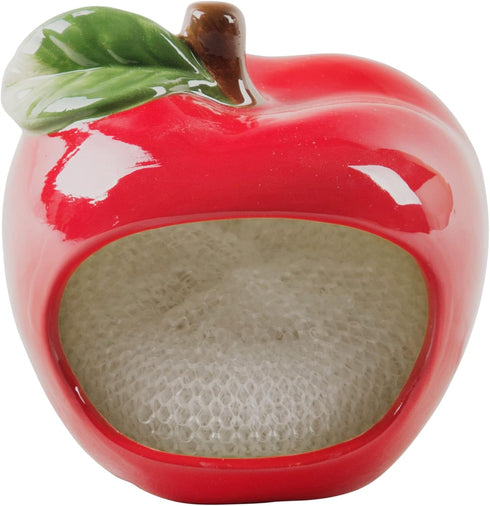Red Apple Dish Sponge Holder by Home Essentials & Beyond, Kitchen Sponge Caddy with Nylon Non-Scratch Scrubber