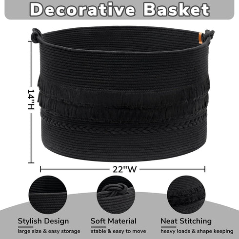 CherryNow Extra Large Black Laundry Basket - Rope Storage for Bathroom, Bedroom, Living Room, 22 x 14 inches