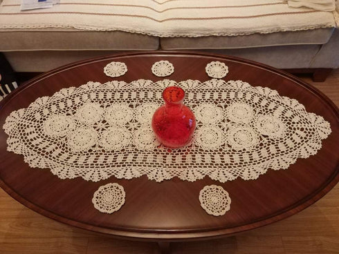 Damanni Oval Cotton Handmade Crochet Lace Table Runner Doilies, 15 Inch by 63 Inch, Beige