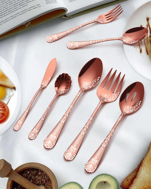 EUIRIO Large Serving Spoon Set, Stainless Steel Copper Utensils - Serving Fork, Slotted Spoon, Buffer Knife, Sugar