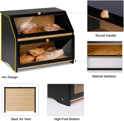 Counter, HOMEKOKO Double Layer Large Bread Box for Kitchen Wooden Large Capacity Bread Storage Bin (Black)