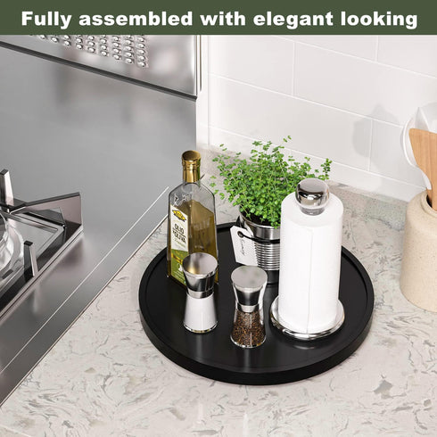 Lazy Susan for Table, 12 Inch Non-Skid bamboo turntable organizer for salt pepper spices and olive oil next to stove, Wooden lazy susan organizer for Kitchen Countertop Organizer Black