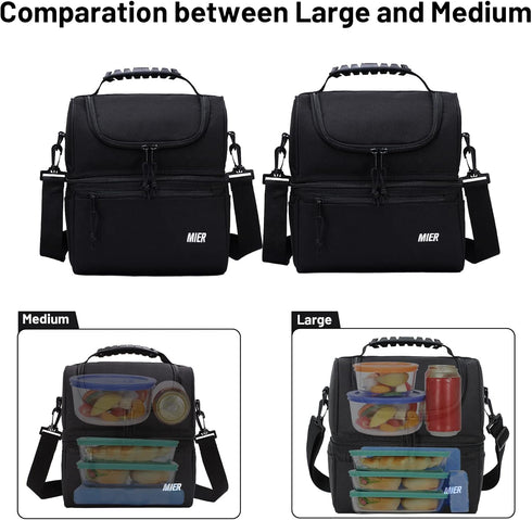MIER 2 Compartment Lunch Bag, Leakproof Insulated Cooler Bag for Work, Black, for Men and Women