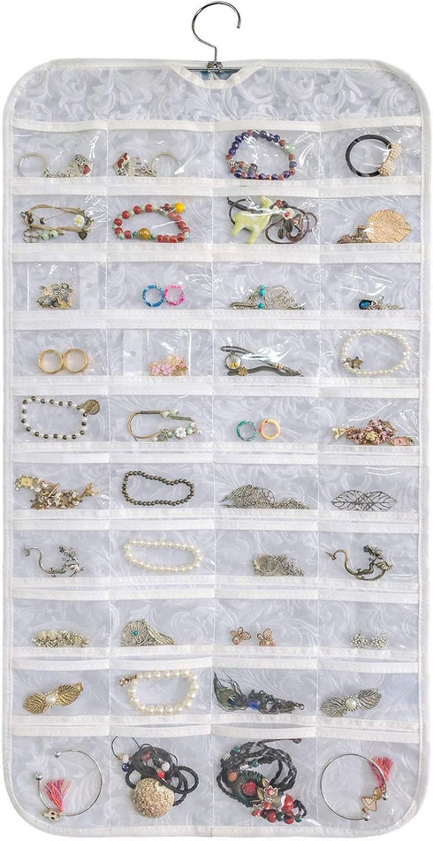 Hanging Jewelry Organizer, 80 Pocket Accessories Organizer for Holding Jewelries (White-Embossed)