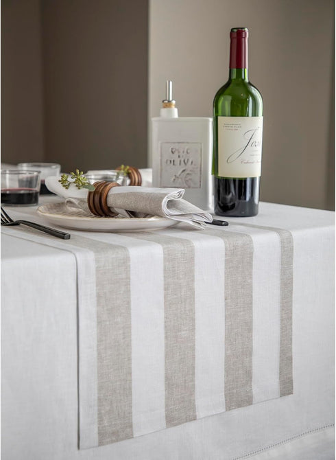 Solino Home Linen Table Runner 36 Inches - Cabana Stripe 100% Pure Linen Natural and White Table Runner 14 x 36 Inch