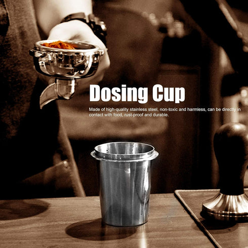 Coffee Dosing Cup, 51mm Stainless Steel Coffee Machine Handle Dosing Cup Mug Coffee Powder Feeder Coffee Machine Parts For Milk Tea Shops Homes Coffee Shops, Silver