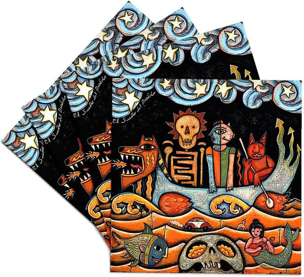 3dRose CST_21127_3 The Devil's Dream Folk Art Skulls, Ceramic Tile Coasters, Set of 4