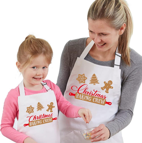 2 Pack Christmas Matching Aprons for Kids and Adults, Christmas Baking Crew, White Kitchen Aprons with 2 Pockets for