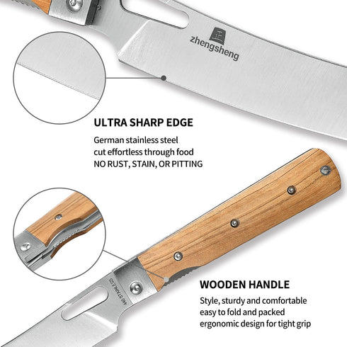 Folding Chef Knife with Leather Pouch, 4.8” Ultra Sharp 440A Stainless Steel Blade, Natural Olive Handle for Outdoor