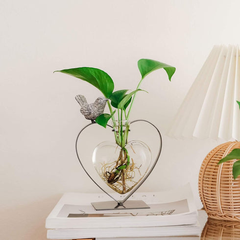 Bulb Marbrasse Desktop Glass Vase, Glass Vases for Holder, Creative Bird with Heart Planter Vase, Plant Terrarium Metal