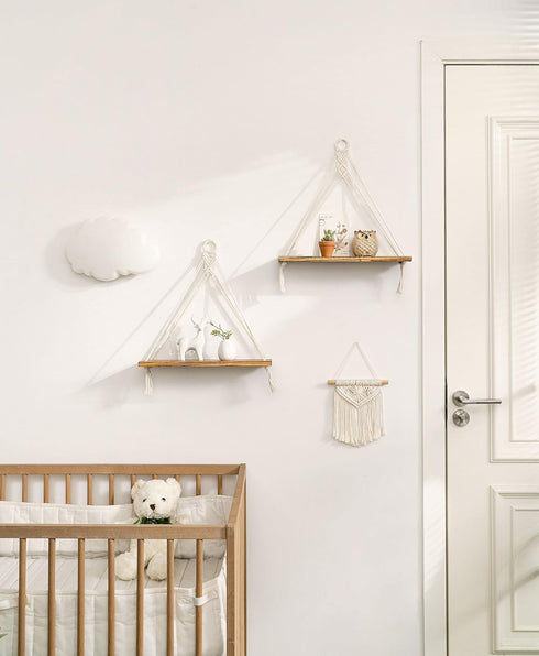Set 2 Mkono Macrame Hanging Shelves Boho Wall Decor of Rustic Wood Floating Storage Shelf for Bedroom Bathroom Living