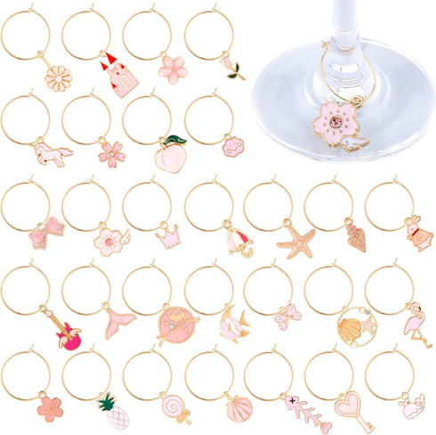 Hicarer 31 Pieces Wine Glass Charms Set Including 31 Mixed Enamel Champagne Stem Glass Charms and 31 Golden Rings for