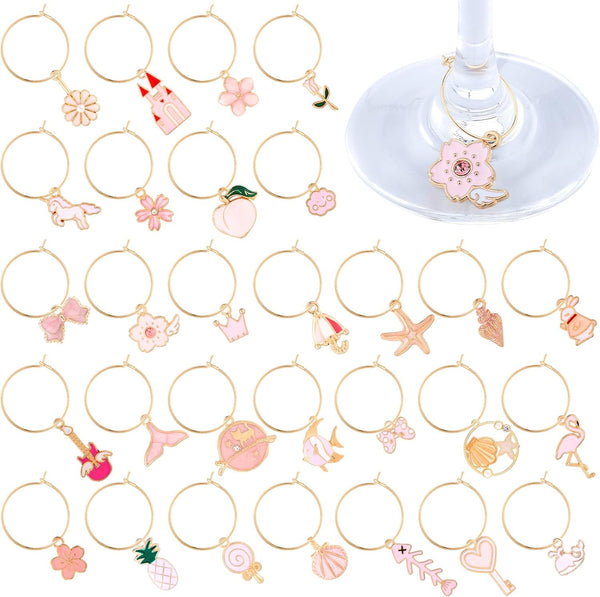 Hicarer 31 Pieces Wine Glass Charms Set Including 31 Mixed Enamel Champagne Stem Glass Charms and 31 Golden Rings for