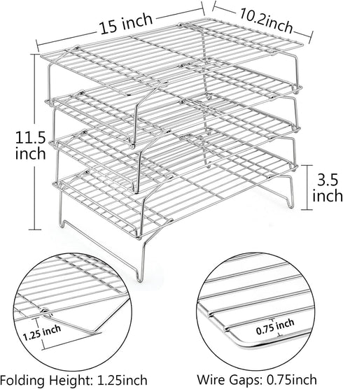 TeamFar Cooling Rack, 4-Tier Stainless Steel Wire Rack for Baking Roasting, Healthy & Heavy Duty, Dishwasher Safe, Stackable & Collapsible, Firmly Weld & Smooth Surface, 15”x10” by TeamFar
