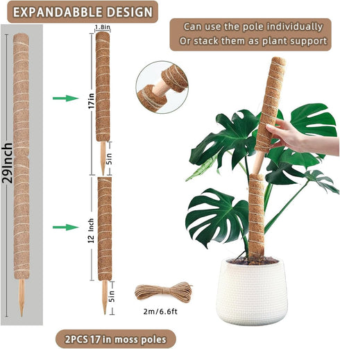 PLANTPOLEX 2 Pack 17 Inch Moss Pole, Monstera Plant Support for Climbing Plants Accessories Indoor, Stackable Moss