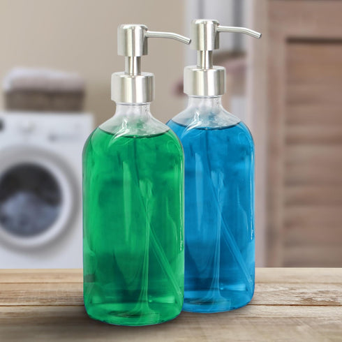 Cornucopia Brands 16-Ounce Clear Glass Bottles with Stainless Steel Pumps (2 Pack) - Great for Liquid Soaps & Essential