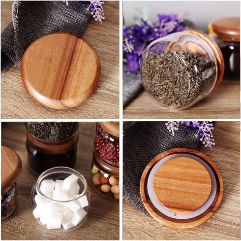 Set 6-8.5oz SAIOOL Kitchen Canisters of Glass Spice Jars With Acacia Airtight Lid and Labels Round Spice Bottles