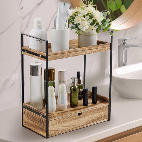Auysbytdd 2-Tier Countertop Counter Bathroom Organizer with Drawer, Wood Shelf for Storage, Cosmetic Storage Vanity