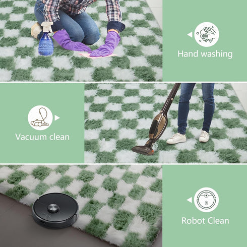 Room,5x8 Area Rugs for Bedroom Living Green and White Fluffy Soft Checkered Rug Fuzzy Shag Shaggy Carpet, Indoor Plush