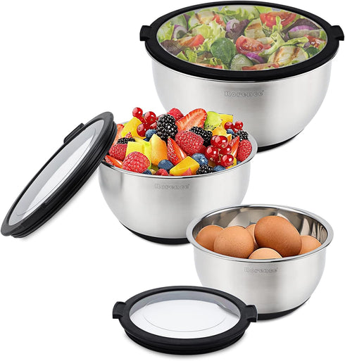 Rorence Stainless Steel Mixing Bowls Set - 3 Nesting Metal Salad Bowls with Transparent Lids, Non-slip Silicone Bottom