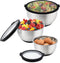 Rorence Stainless Steel Mixing Bowls Set - 3 Nesting Metal Salad Bowls with Transparent Lids, Non-slip Silicone Bottom